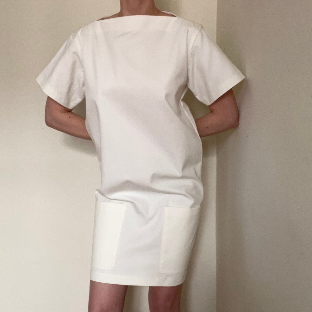 Old Celine Phoebe Philo Era Cotton Bateau Neck Dress with Patch Pockets